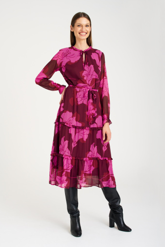 Stylowa sukienka z falbanami, nadruk w różowe kwiaty