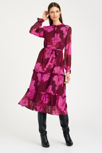 Stylowa sukienka z falbanami, nadruk w różowe kwiaty