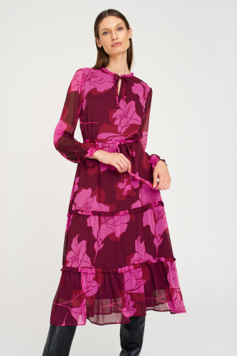 Stylowa sukienka z falbanami, nadruk w różowe kwiaty