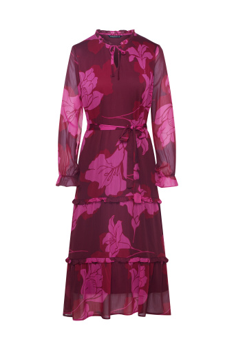 Stylowa sukienka z falbanami, nadruk w różowe kwiaty