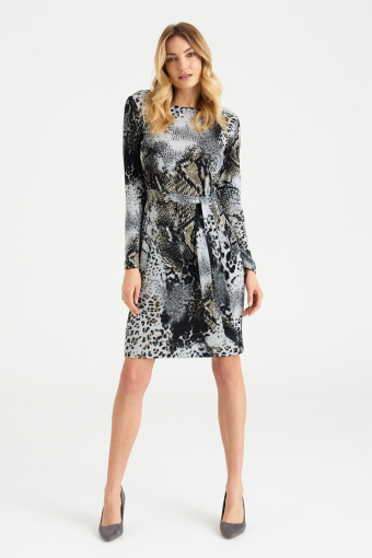 Dzianinowa, szara sukienka ze zwierzęcym nadrukiem