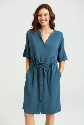 Turkusowa, luźna sukienka z krótkim rękawem