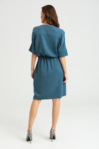 Turkusowa, luźna sukienka z krótkim rękawem