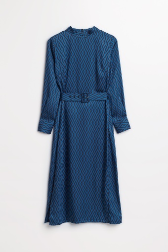 Sukienka midi z geometrycznym printem i paskiem w talii