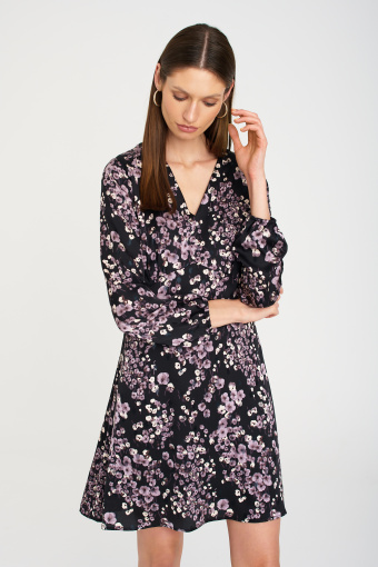 Sukienka mini z długim rękawem, nadruk w jasnofioletowe kwiaty