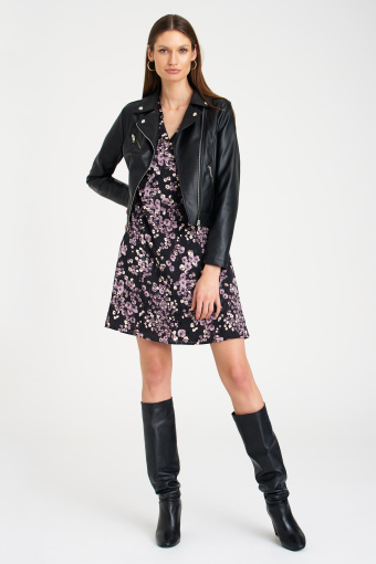Sukienka mini z długim rękawem, nadruk w jasnofioletowe kwiaty