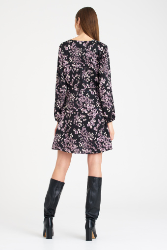 Sukienka mini z długim rękawem, nadruk w jasnofioletowe kwiaty