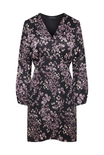 Sukienka mini z długim rękawem, nadruk w jasnofioletowe kwiaty