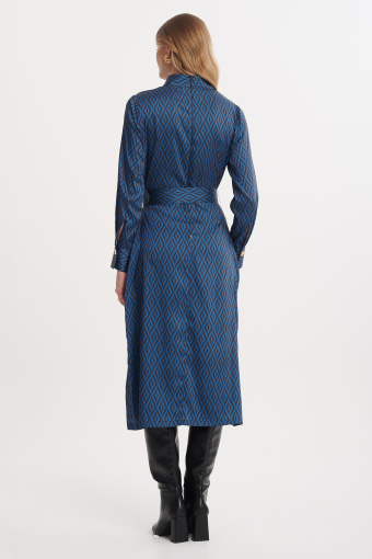 Sukienka midi z geometrycznym printem i paskiem w talii