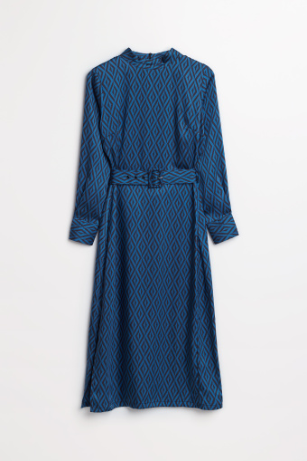 Sukienka midi z geometrycznym printem i paskiem w talii