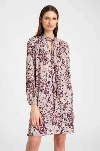 Sukienka mini z wiązaniem przy dekolcie, nadruk w kwiaty