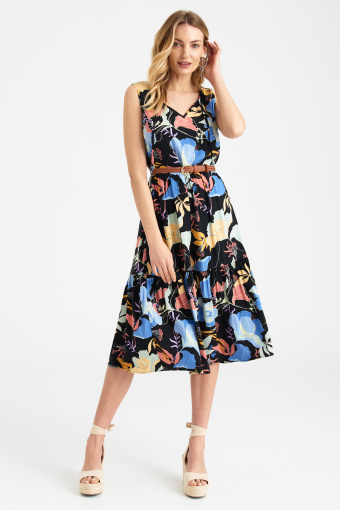 Sukienka w kwiaty z ozdobnym wiązaniem przy dekolcie