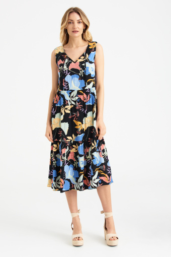 Sukienka w kwiaty z ozdobnym wiązaniem przy dekolcie