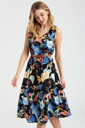 Sukienka w kwiaty z ozdobnym wiązaniem przy dekolcie