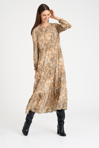 Luźna, beżowa sukienka w zwierzęcy print