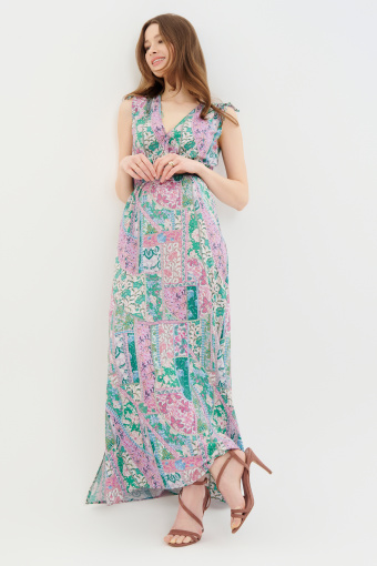 Długa sukienka w orientalny print różowo-zielona