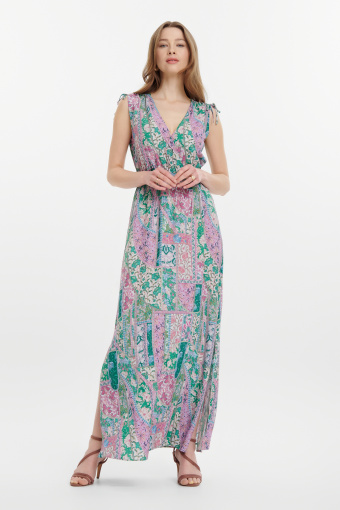 Długa sukienka w orientalny print różowo-zielona
