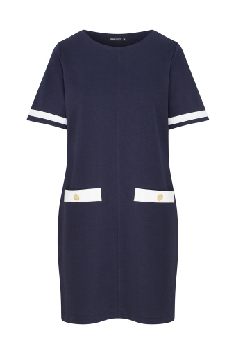 Klasyczna, granatowa sukienka z kontrastowymi wstawkami