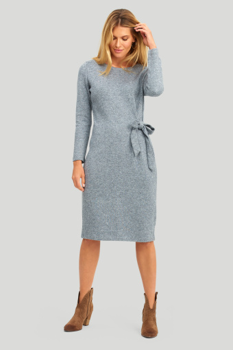Szara, dzianinowa sukienka z asymetrycznym wiązaniem
