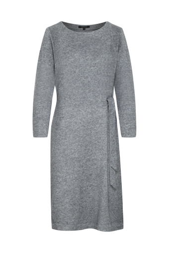 Szara, dzianinowa sukienka z asymetrycznym wiązaniem