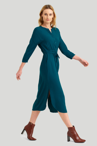 Wiskozowa sukienka z opadającym rękawem, ciemny turkus