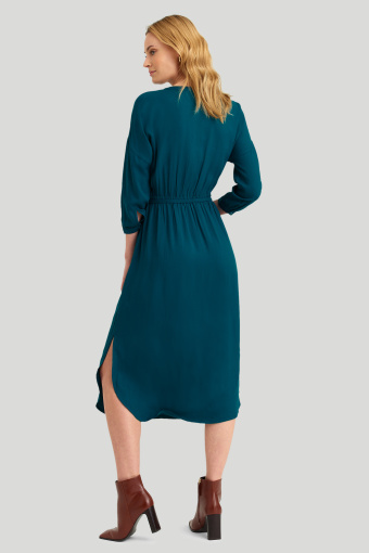 Wiskozowa sukienka z opadającym rękawem, ciemny turkus