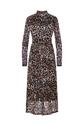 Brązowo-czarna sukienka z półgolfem, nadruk w cętki
