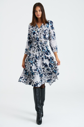 Wiskozowa, rozkloszowana sukienka z szaro-niebieskim printem