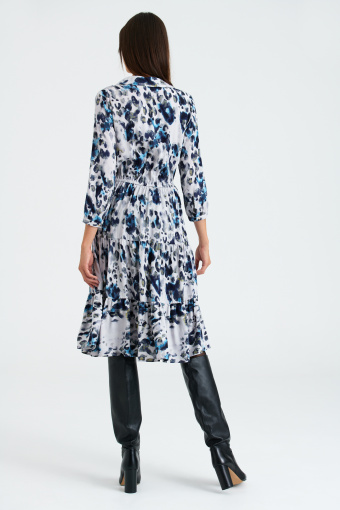 Wiskozowa, rozkloszowana sukienka z szaro-niebieskim printem