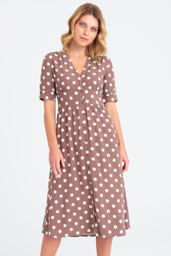 Jasnobrązowa sukienka z nadrukiem w groszki, midi