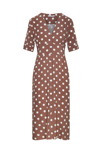 Jasnobrązowa sukienka z nadrukiem w groszki, midi