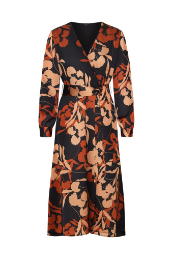 Satynowa, elegancka sukienka z kopertowym dekoltem