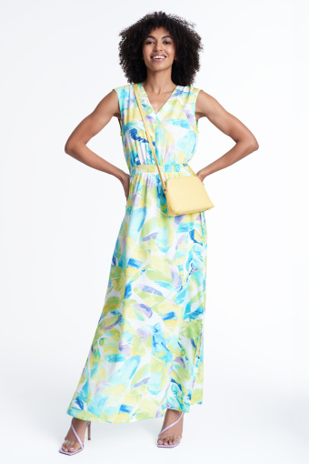 Długa sukienka w limonkowo-błękitne liście