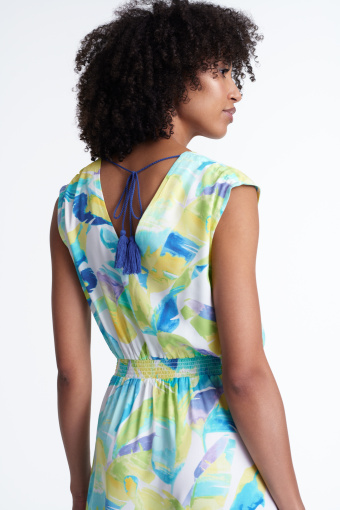 Długa sukienka w limonkowo-błękitne liście