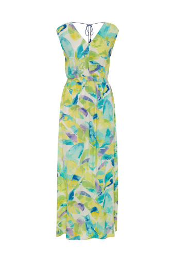 Długa sukienka w limonkowo-błękitne liście