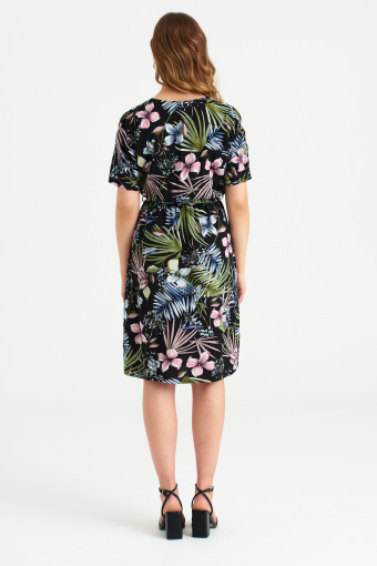 Casualowa sukienka z wiązanym paskiem, tropikalny nadruk