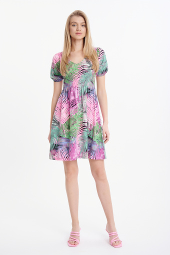 Różowo-zielona printowana sukienka mini