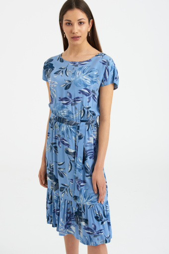 Niebieska, wiskozowa sukienka z nadrukiem w liście