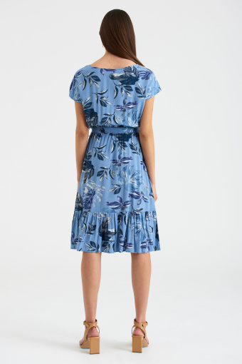 Niebieska, wiskozowa sukienka z nadrukiem w liście