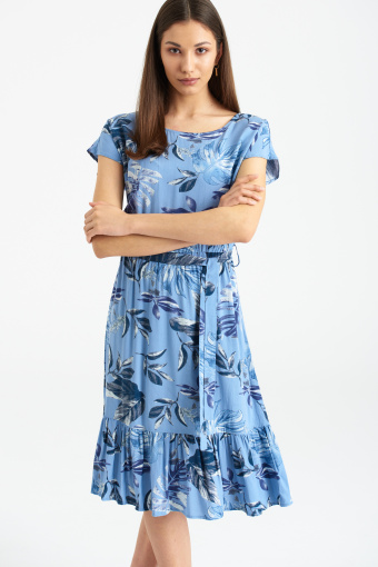 Niebieska, wiskozowa sukienka z nadrukiem w liście
