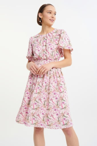 Elegancka sukienka w drobne rózowe kwiaty