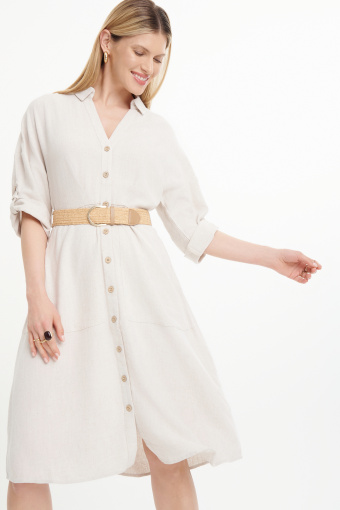 Sukienka z paskiem kremowy beż