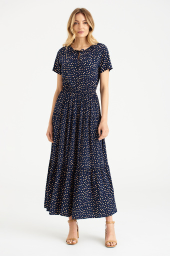 Długa, granatowa sukienka z nadrukiem w kropki