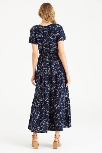 Długa, granatowa sukienka z nadrukiem w kropki