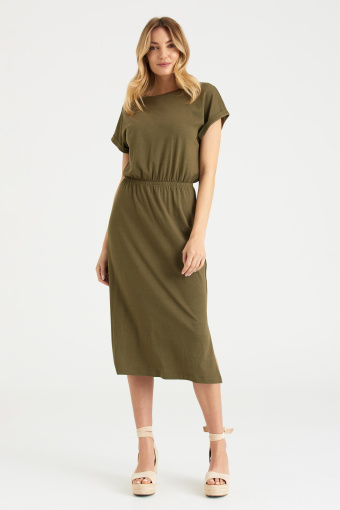 Dzianinowa sukienka z gumką w talii, khaki