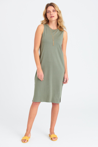 Oliwkowa sukienka bez rękawów, długość midi