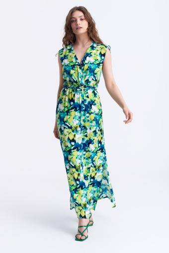 Długa, zielona sukienka z nadrukiem w kwiaty