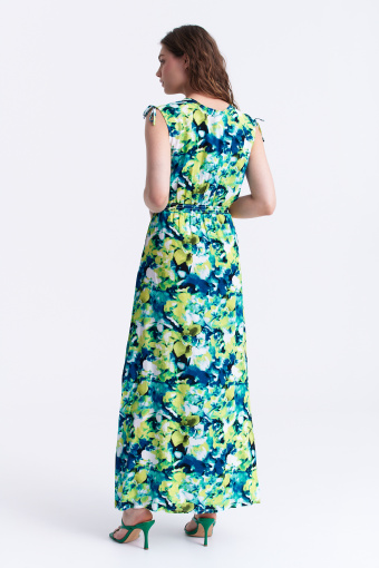 Długa, zielona sukienka z nadrukiem w kwiaty