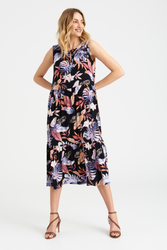 Oversize'owa sukienka bez rękawów, nadruk w kwiaty