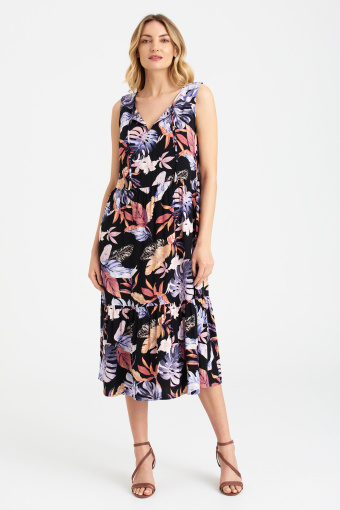 Oversize'owa sukienka bez rękawów, nadruk w kwiaty